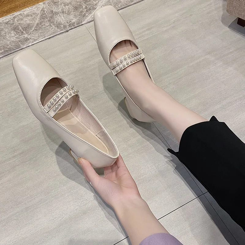 

Shoes Round Toe Shallow Mouth Autumn Women's Heels Pearl Decorateion Casual Female Sneakers Clogs Platform Modis Fall Square Sum