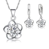 nice woman gift setbeautiful flower with cz zircon pure 925 sterling silver necklace earrings wedding party jewelry for bridal