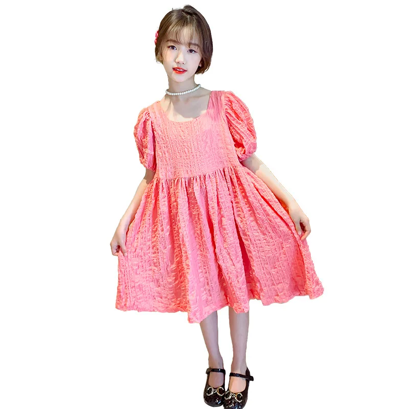 

Teenage Girls Puff Sleeve Pleated Dress 2021 Summer New Girls Square Neck Loose Dress For Girls Dress Teen Princess