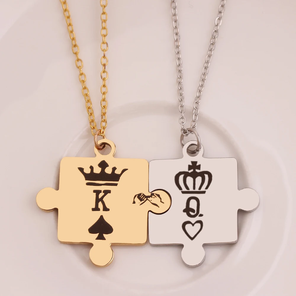 

Letters K & Q Couple Necklaces with Crown Stainless Steel Tag Pendant Necklace King & Queen Engraved Men Jewelry Accessories