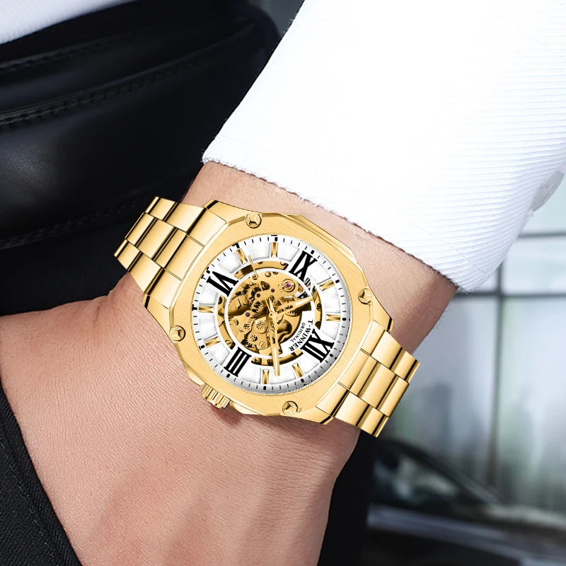 Top Brand WINNER Mens Automatic Watch Golden Hollow Skeleton Stainless Steel Watches Male Waterproof Mechanical Clock Dropship | Наручные