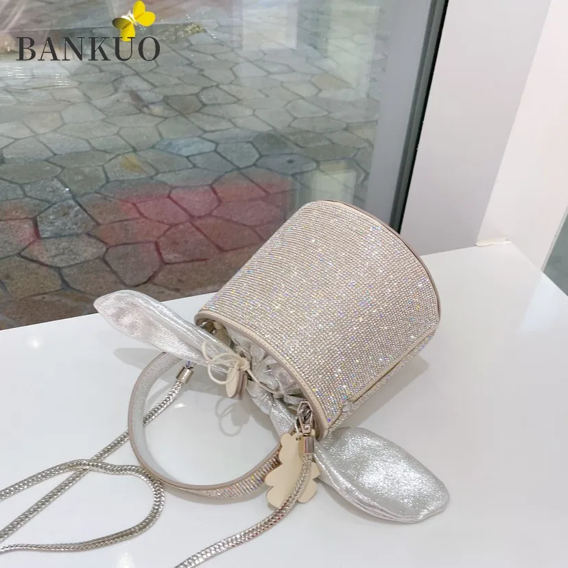 

BANKUO Womens Bag 2021 New PU Leather Diamonds Bucket Bag Fashion Simple Chains Shoulder Bags Bow Solid Crossbody Bags X438