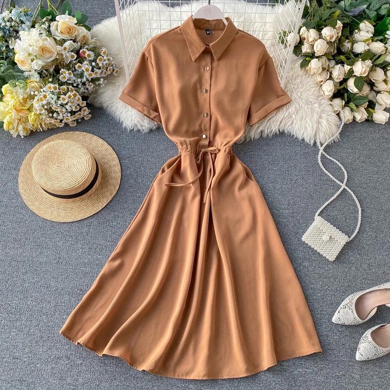 Женское платье до середины икры однотонное Повседневное с коротким рукавом и