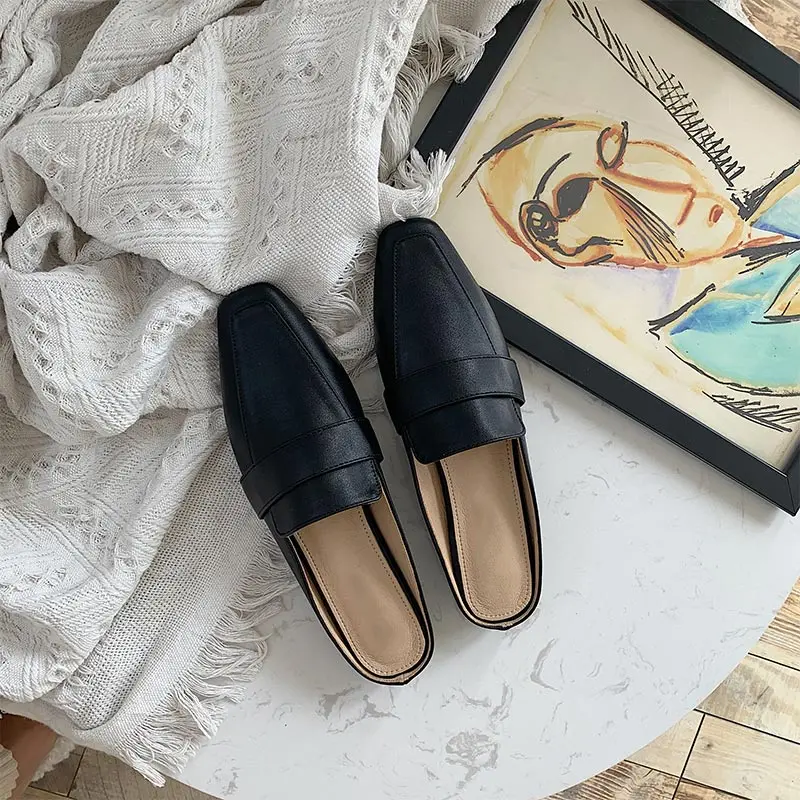 Boussac Vintage Square Toe Women Mules Elegant Party Shoes Slip on Solid Flats SWA0466 | Обувь