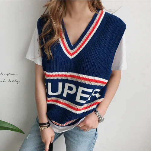 Женский вязаный свитер жилет 2020 корейский стиль Повседневный в полоску пэчворк v