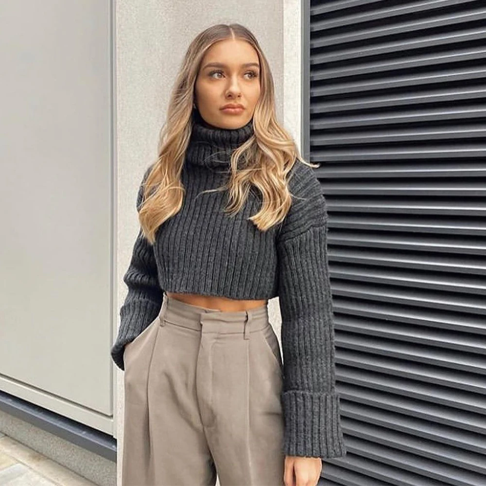 

Pop Autumn Winter Women Cropped Knit Sweater High Neck Long turn-up sleeves Ribbed Sweater Casual Vogue Chic Pullover