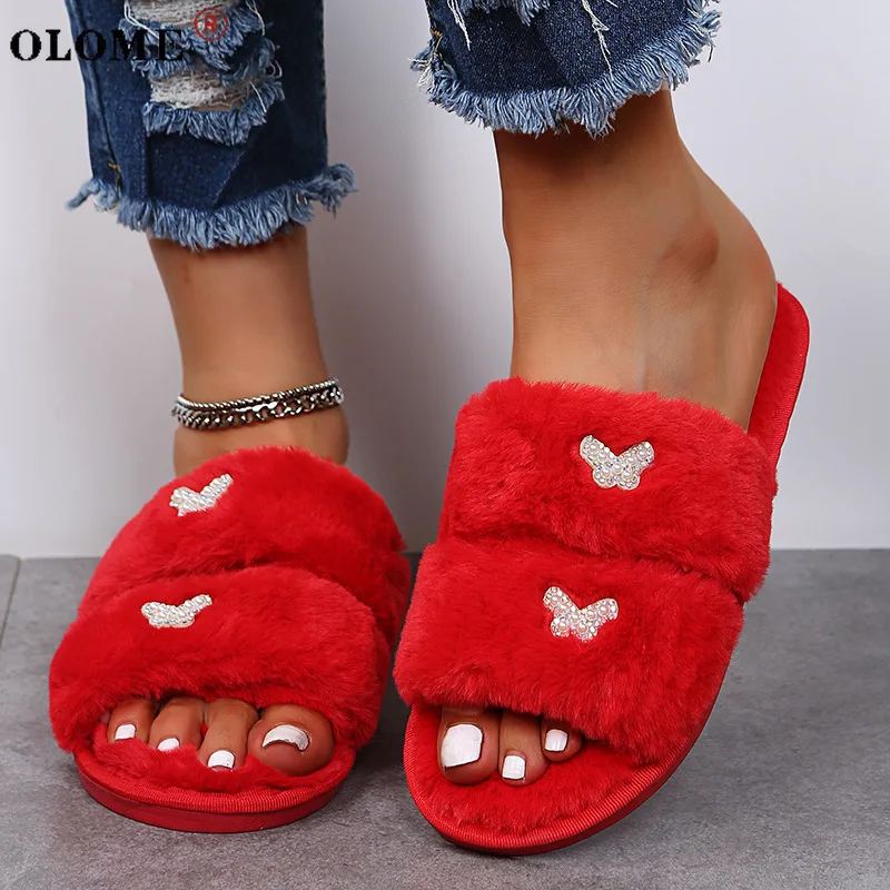 

Women's Faux Fur Home Slippers Fashion Warm Flat Slippers Black Pink Comfortable Home Winter Shoes