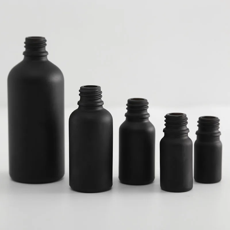

12pcs/lot 5ml 10ml 15ml 20ml 30ml 50ml 100ml frost black glass essential oil dropper bottle wtih piepette drop vials Containers