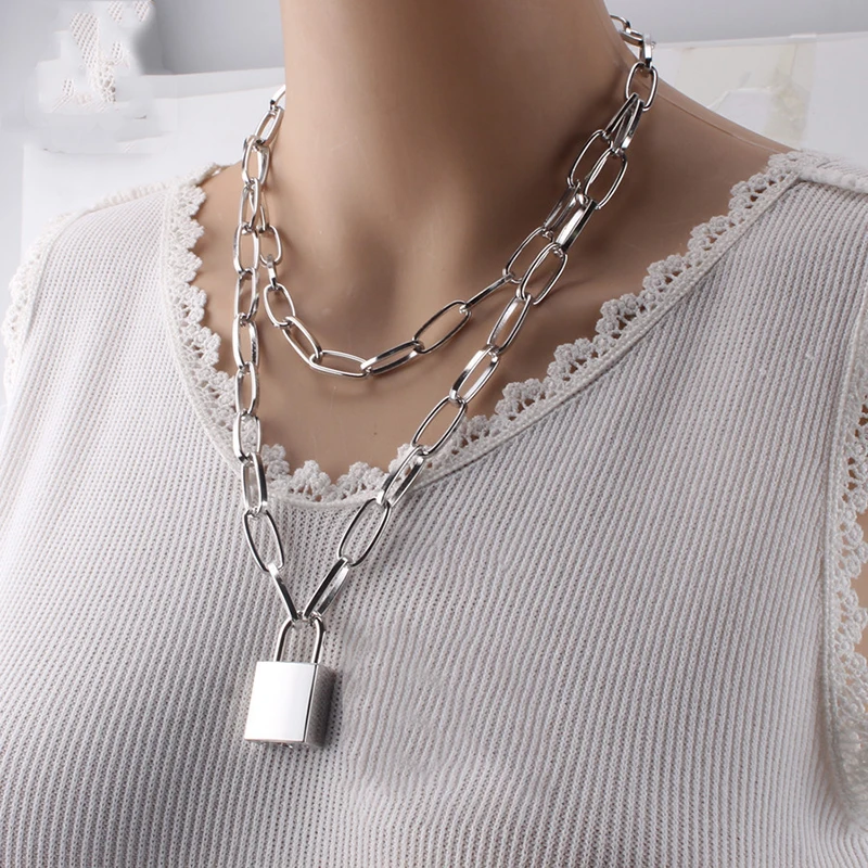 

2021New Hip Hop Multi Layers Lock Chain Necklace for Women/men Punk Rock Padlock Pendant Necklace Emo Grunge Goth Jewelry Choker