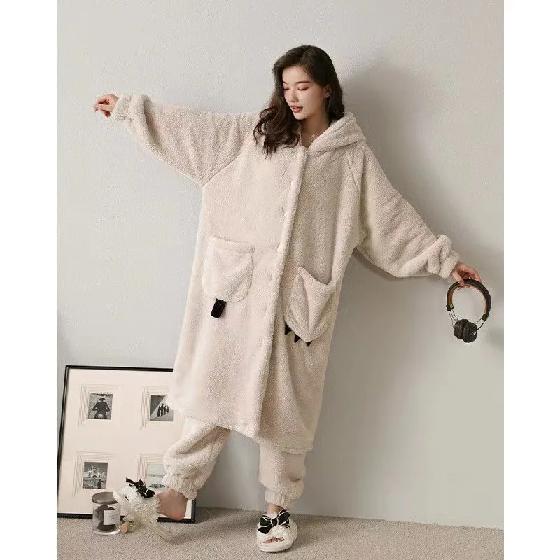 2022 New Pajamas Set For Women Thick Warm Flannel Nightgown Suit Coral Fleece Bathrobe Fashion Pyjamas Suit Homewear Clothes images - 6