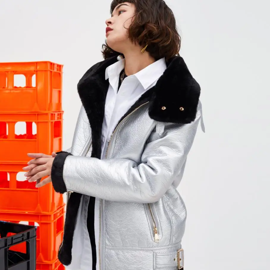 Модные Серебристые теплые куртки из овечьей шерсти с подкладкой искусственной
