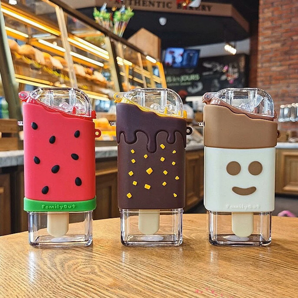 

Water Bottle Children Ice Cream With Straw Adorable Plastic Anti-Fall Cup Anti-Leak Camping Traveling Beverage Kettle Watermelon