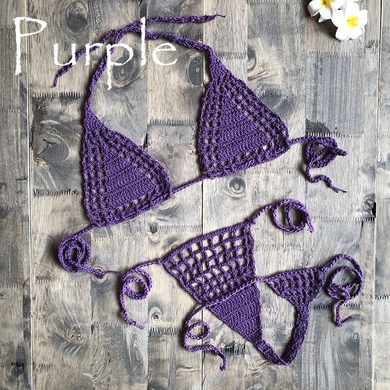 Purple Ручная работа, вязанное крючком микро бикини, стринги, пляжные микро купальники, сексуальное нижнее белье, наборы, горячая Распродажа - Цвет: Purple
