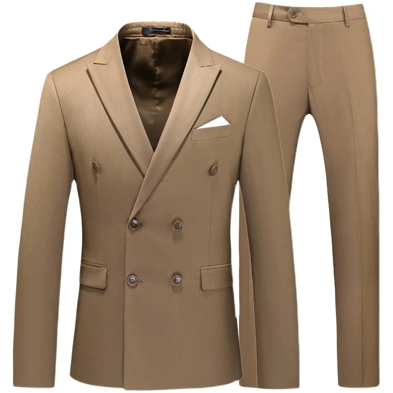 

Jacket with Pant Slim Fit Korean Casual Clothing Double Breasted Tuxedo Suit Men Business Work Wedding Formal Sets Solid Suit