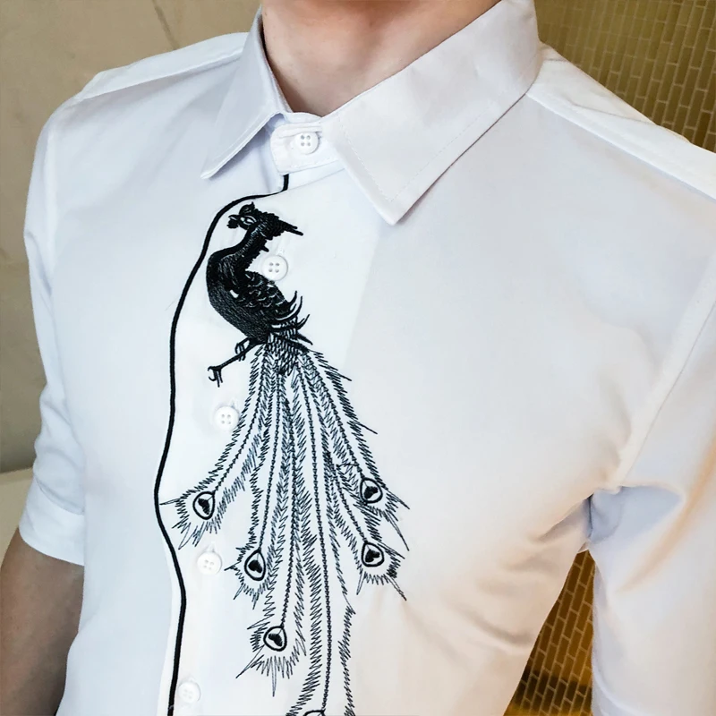 

Men's Irregular Placket Half Sleeve Shirts Embroidery Slim Fit Formal Dress Shirt High Quality Male Clothing Tops Camisas Homme