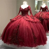 2022 long sleeve red quinceanera dresses appliques beaded ball gown tulle corset formal 16 year prom party dress