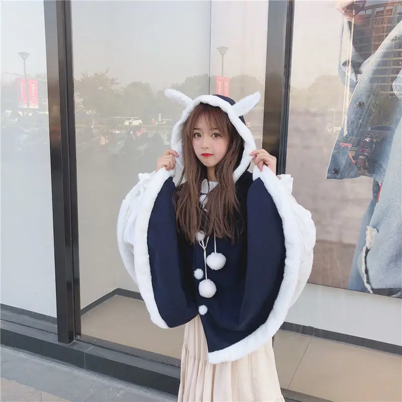 

Autumn and winter cute Japanese cloak female hooded plus fluffy rabbit ears student jacket soft sister cardigan outside ins
