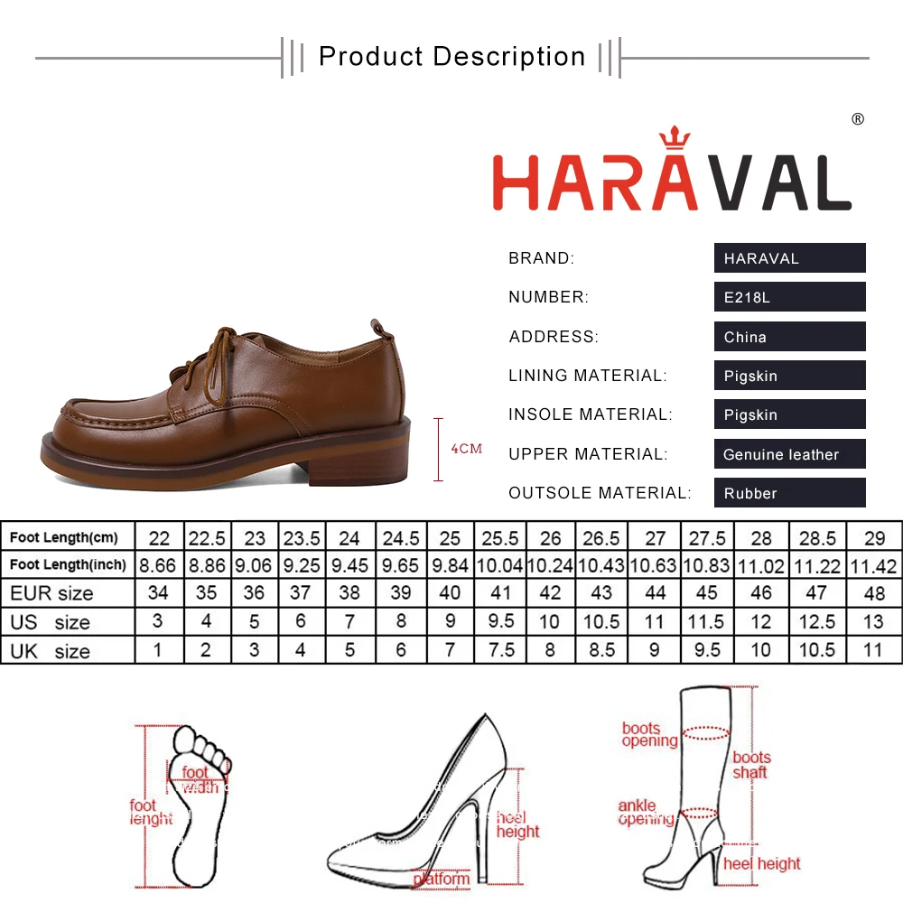 

HARAVAL Women Brown Single Shoes Lace Up Pumps Solid British style Elagant Lady Shoes Low Heels Round Toe Footwear E218L