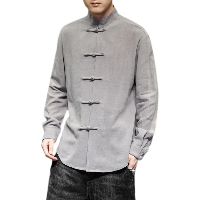 2021 Spring Autumn New Chinese Style Button Shirts for Men Cotton and Linen Long Sleeve Solid Color Kung Fu Tai Chi Top | Тематическая