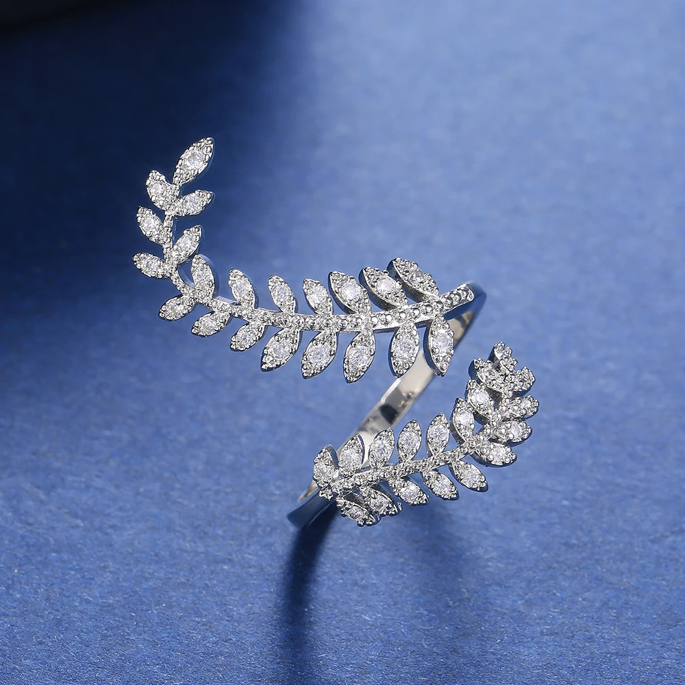 

New Arrival Fashion Leaf Opening Ring for Women Wedding Party Delicate Finger Ring Cubic Zirconia Adjustable Ring Jewelry