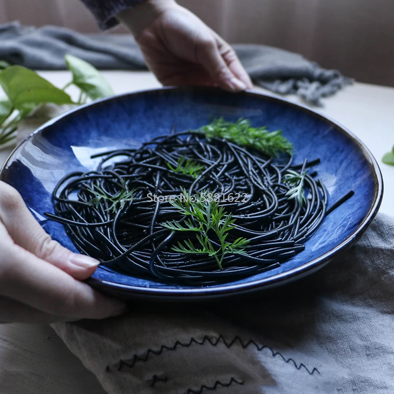 

1000ml Deep Blue Ceramic Dinner Food Plate 9inch Cold Noodle Big Deep Plate