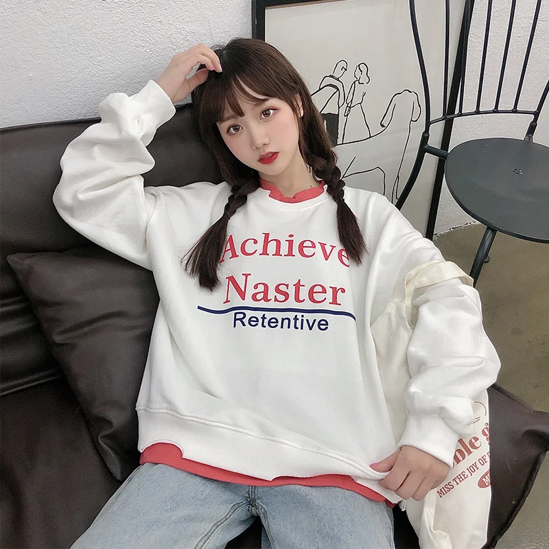 

Корейский шикарный свитшот с Вышивкой Букв, Женская Повседневная Толстовка с круглым вырезом и длинным рукавом, свободная винтажная верхня...