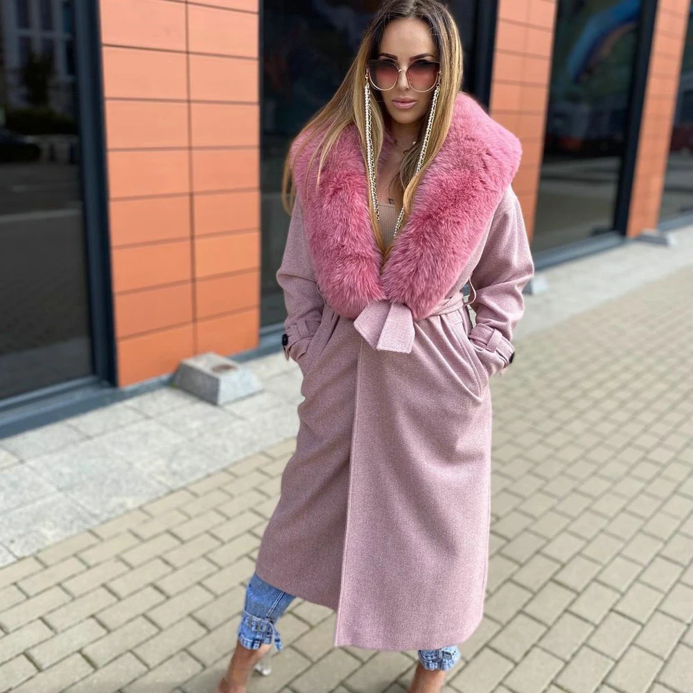 Winter New Natural Wool Blends Coats with Fox Fur Lapel Collar Women Trendy Genuine Fox Fur Long Cashmere Coats Female Outwear