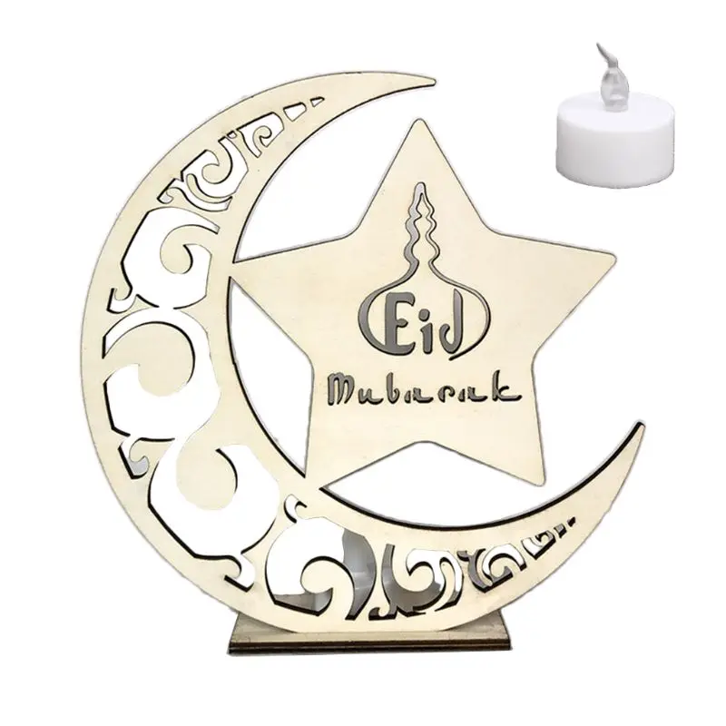 

Wooden Eid Mubarak Muslim Ramadan Moon Star Plate Pendant With LED Light Ornament Home Decor DIY Gift