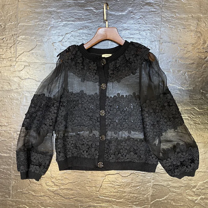 

Organza Stitched Knitted Shirt Women's 2021 Autumn and Winter New Lantern Sleeve Heavy Embroidery 100% Silk Top Coat