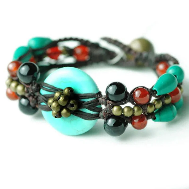 Turquoise round Богемский Браслет для женщин, аксессуары, винтажный браслет с подвесками, этнический женский Богемский Браслет, Мужская цепочка, модное ювелирное изделие - Окраска металла: Turquoise round
