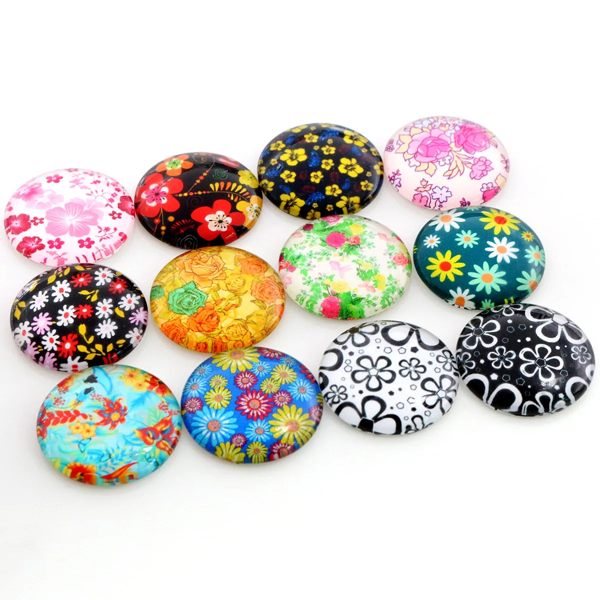 

8mm 10mm 12mm-25mm Flower print Photo Glass Cabochons Mixed Color Cabochons For Bracelet earrings necklace Bases Settings