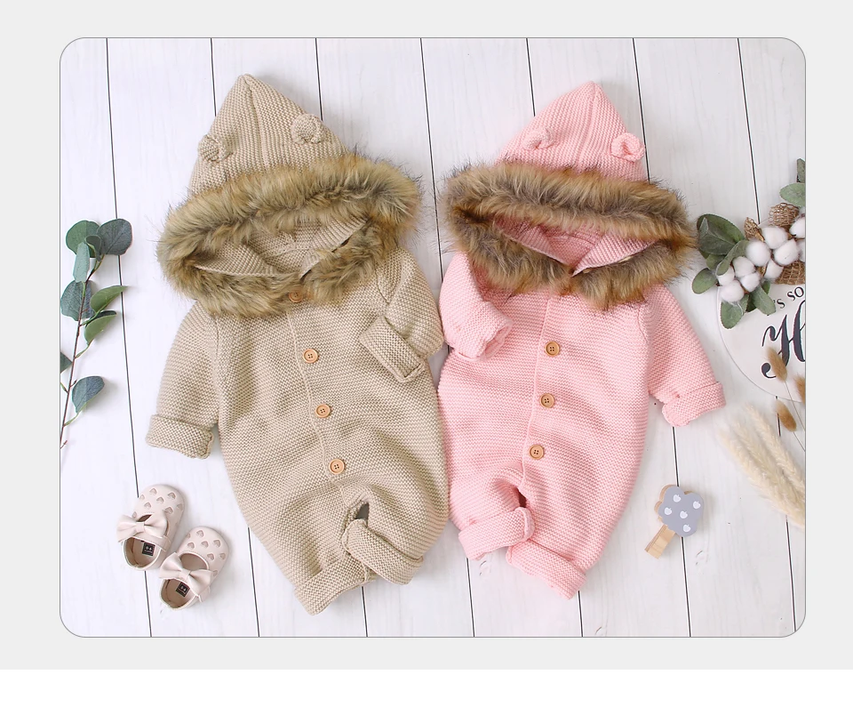 Зимний теплый комбинезон для новорожденных; детские комбинезоны; однотонные вязаные Комбинезоны для маленьких мальчиков и девочек; Осенняя детская одежда с капюшоном и длинными рукавами