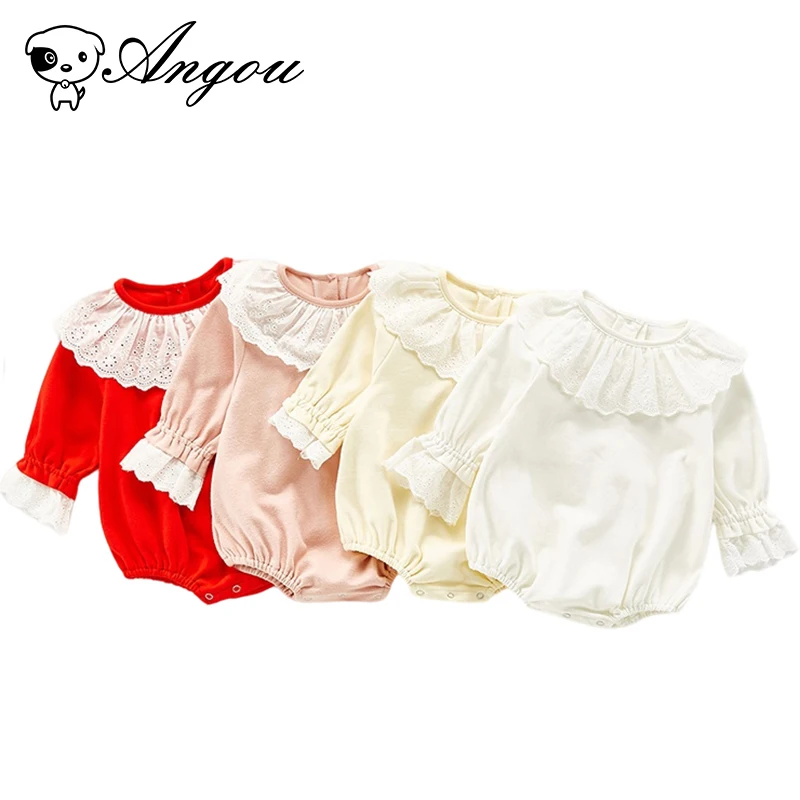 

Angou Sweet Baby Romper Infant Baby Long Sleeves Solid Color Candy Jumpsuit Lace Cute Autumn Clothes Toddler Baby Girl Costume
