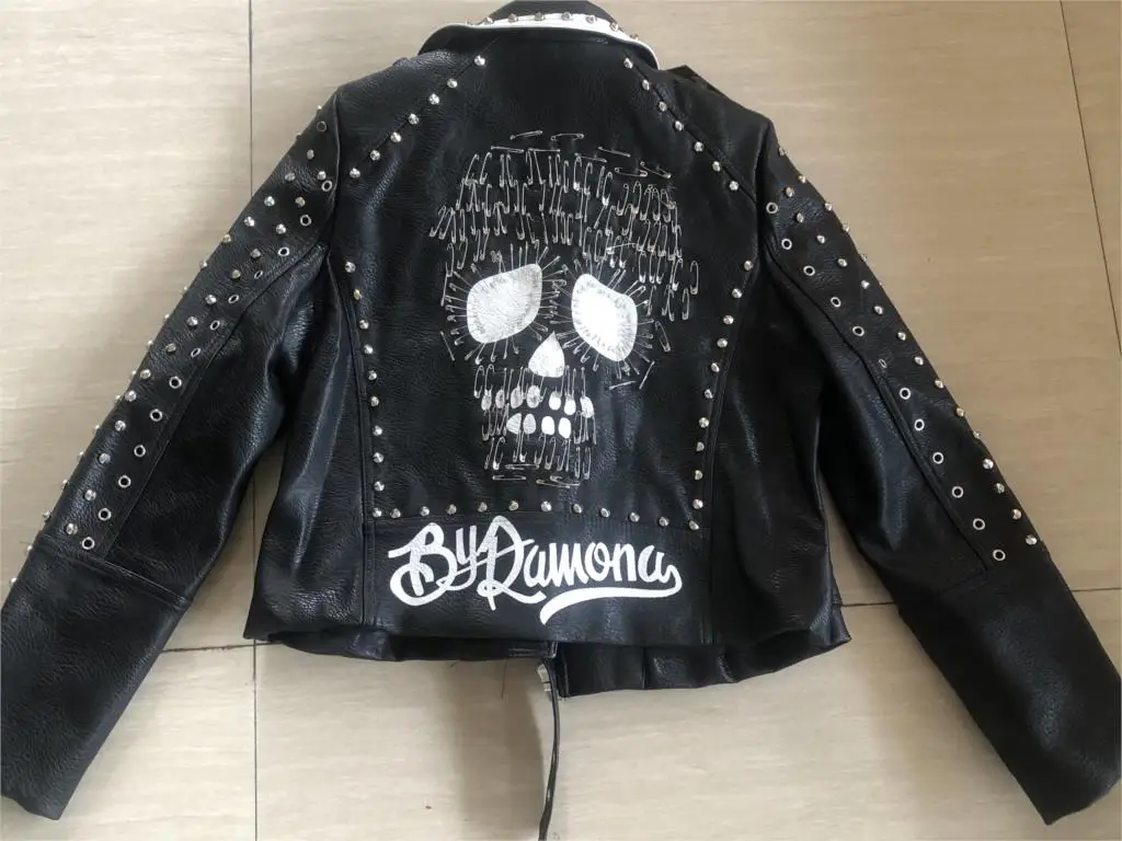 

Rivet beading leather jacket Locomotive graffiti cartoon pu Leather Jacket female Punk Style Motorcyle Jackets Coat F2094