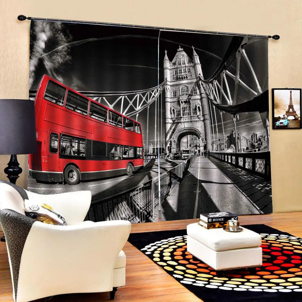 Городской пейзаж Фотофон с красным автобусом башней дорожным знаком занавеска
