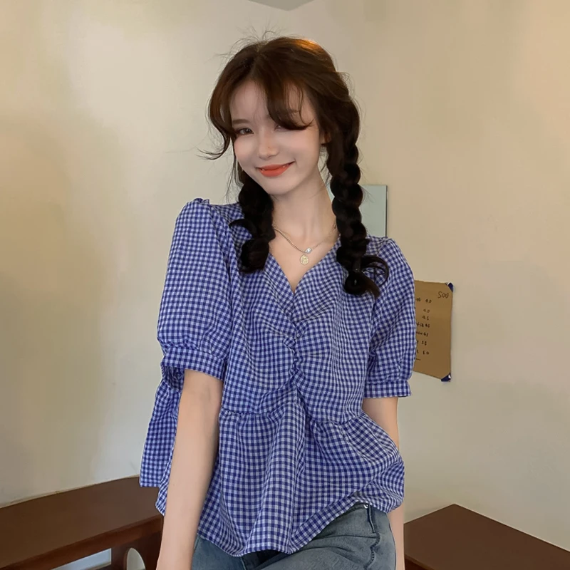 

Blouse Women Blue V-neck Plaid Shirt Women's Summer New Design Sense Niche Short Fluffy Sleeve Top
