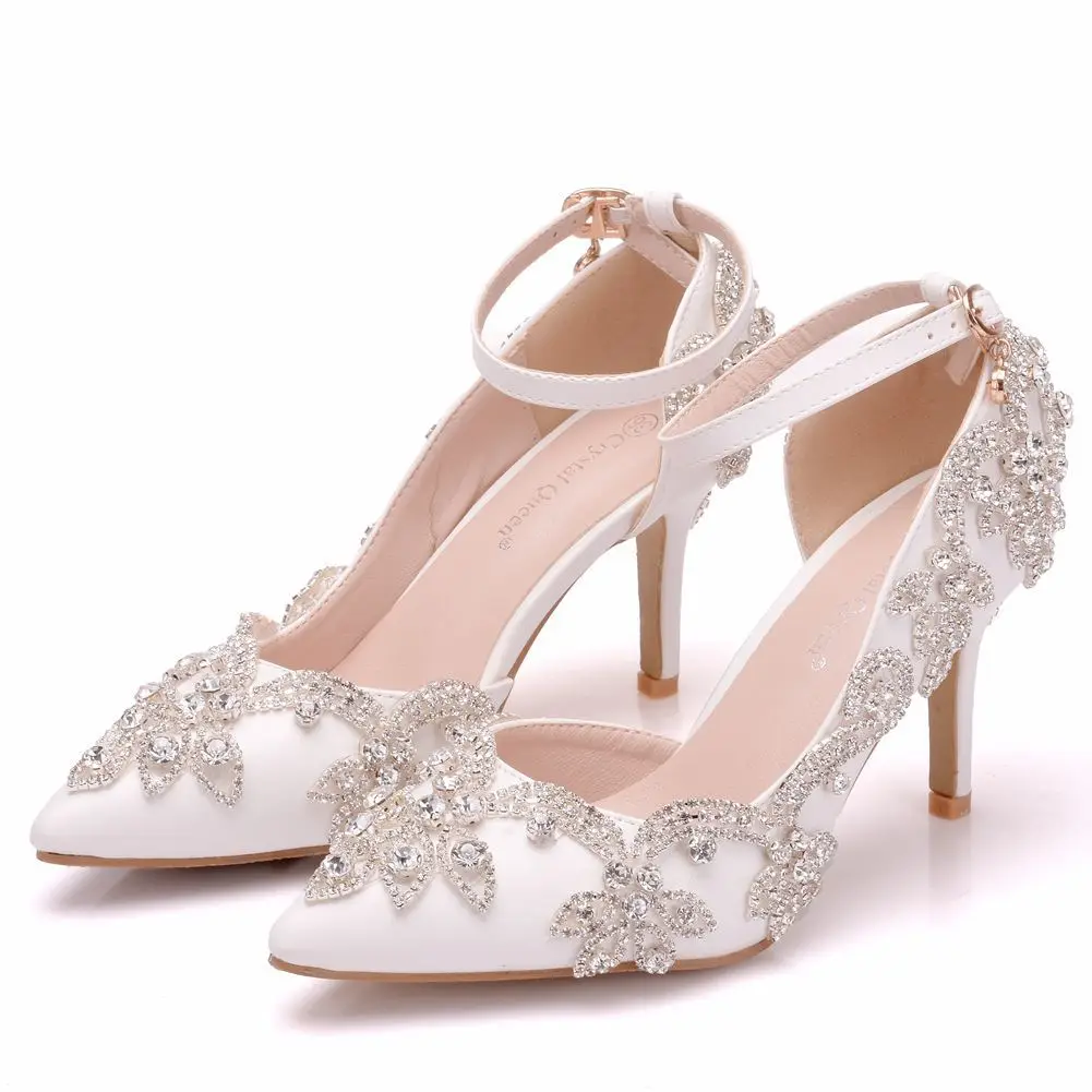 

8CM Ankle Strap White Sandals Stiletto Pointed Sandals Rhinestone Wedding Shoes High Heels