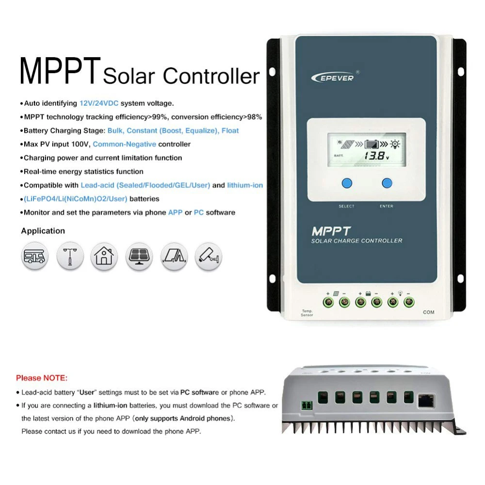 EPEVER 40A MPPT Контроллер заряда Солнечный 100В PV вход отрицательный Заземленный 12В/24В