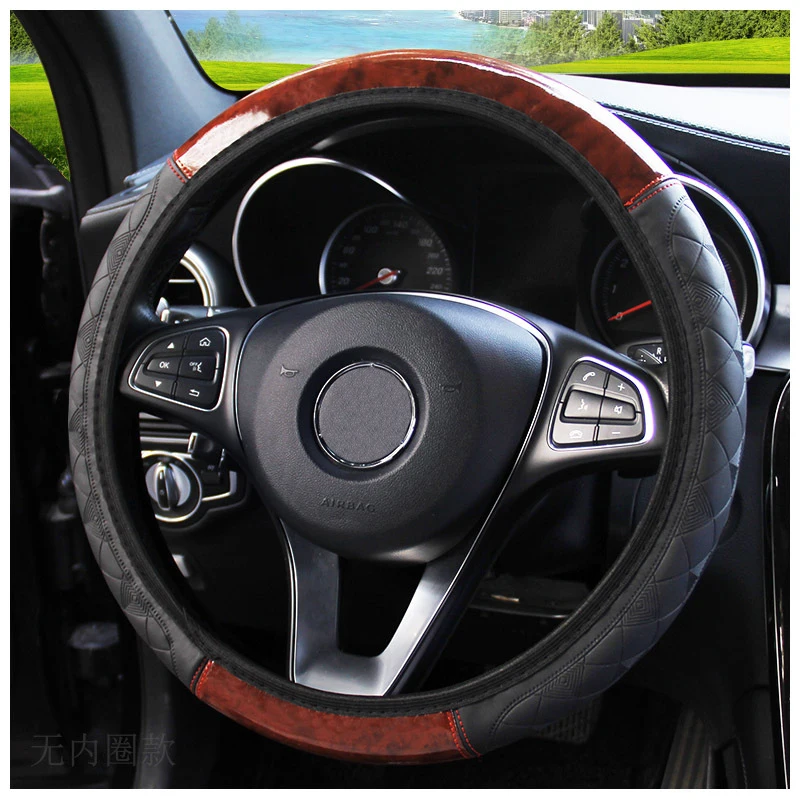 

Чехол рулевого колеса автомобиля чехлы для руля, подходящие Чехлы для руля из персикового дерева и кожи с тиснением, автомобильные аксессуа...