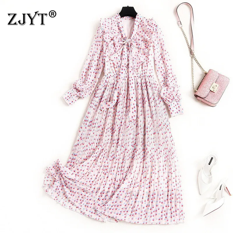 

Женское шифоновое Плиссированное Платье, дизайнерское весеннее платье с длинным рукавом, бантом на шее и принтом в горошек, одежда больших ...