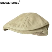 showersmile spring summer canvas flat cap for men beret hat 100 cotton beige ivy cap male solid vintage british gatsby hats
