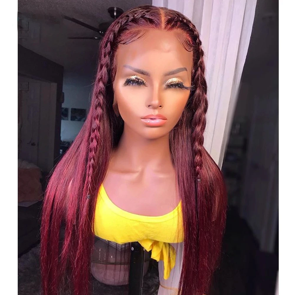 

26 дюймов бордовый цвет шелковистый прямой синтетический 99j кружевной передний парик для чернокожих женщин с предварительно выщипанным тем...