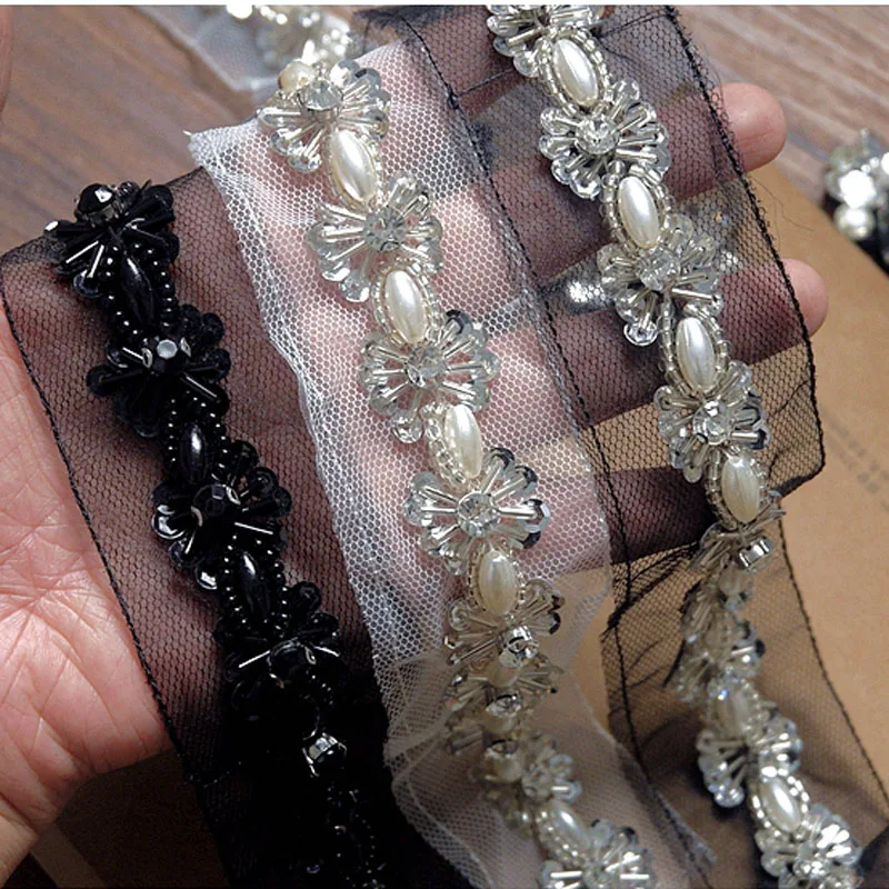 

2yards 5cm Pearl Beaded Mesh Lace Trim Ribbon Fabric Handmade DIY Sewing Supplies Craft Decoration