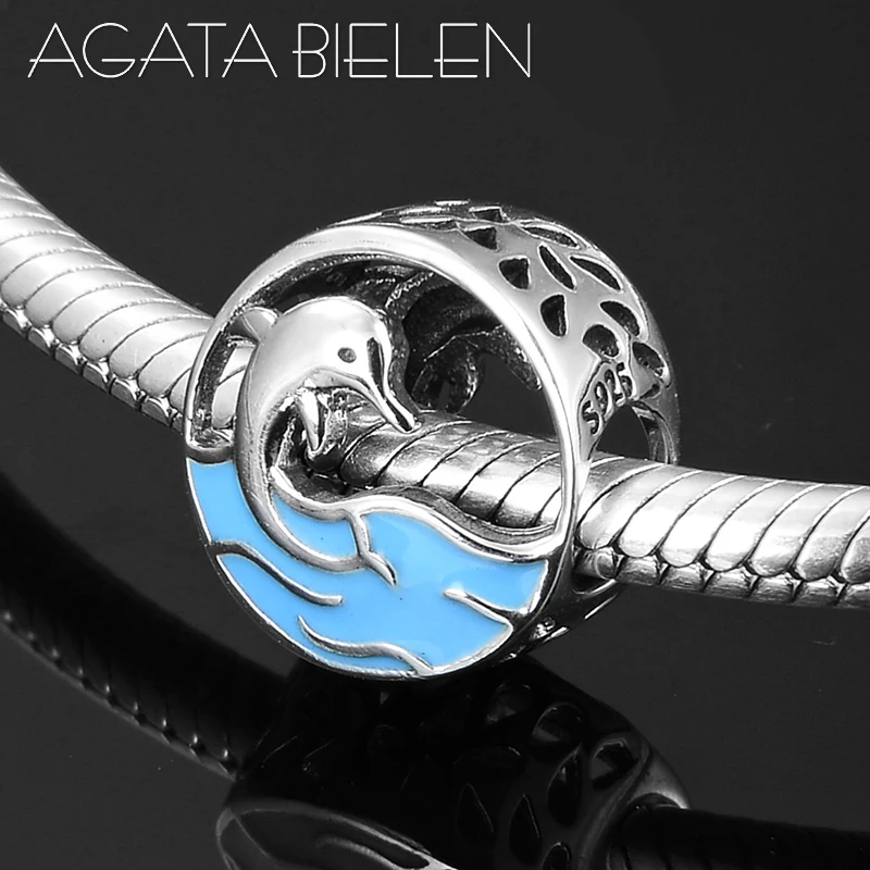 Модное новое 925 серебряное счастливое маленькое дельфинчик синего океана оберег для оригинальных европейских браслетов изготовления ювелирных изделий.