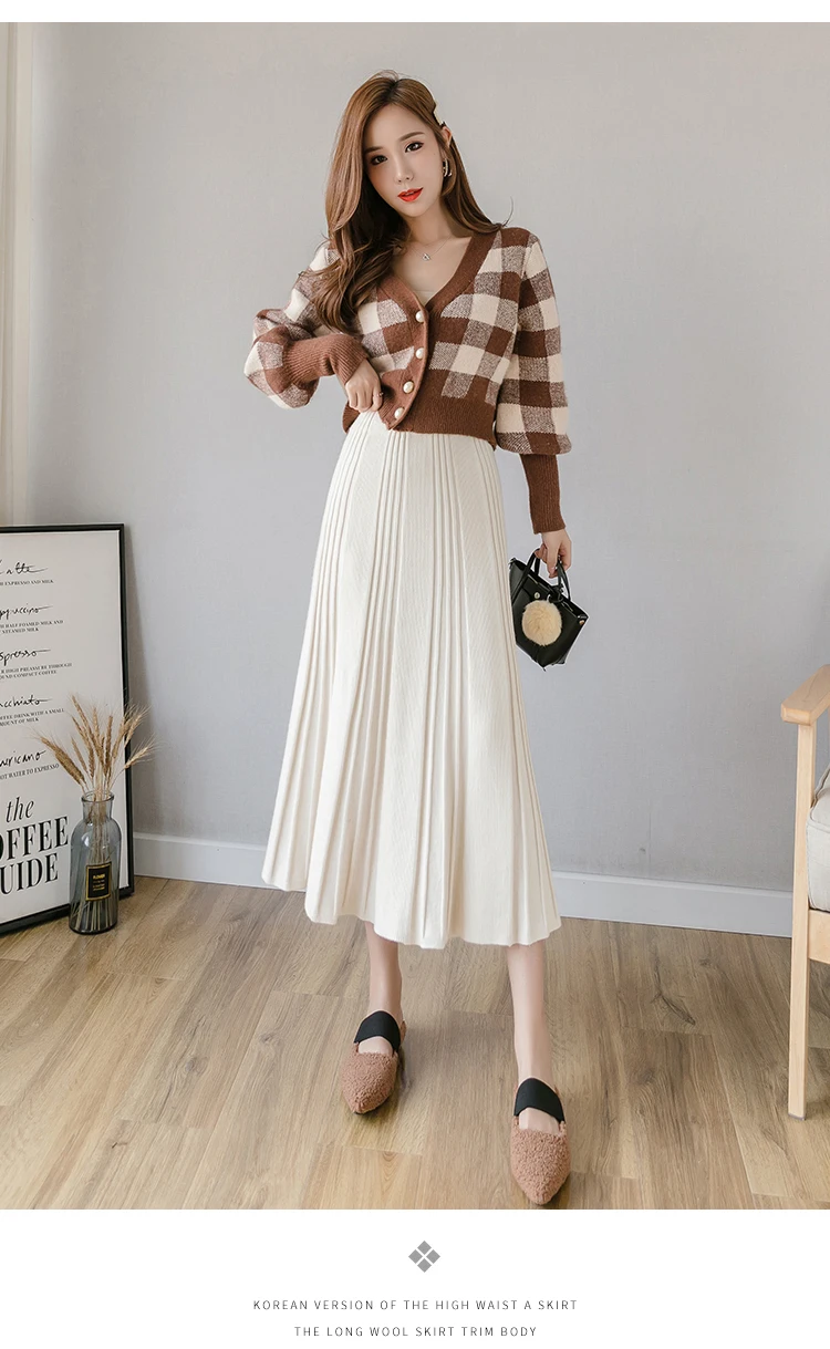 

2019 new Fashion Winter Women Skirt thick sweater skirt Elastic High Waist Pleated Midi knitted Skirt A-line solid elegant Skirt