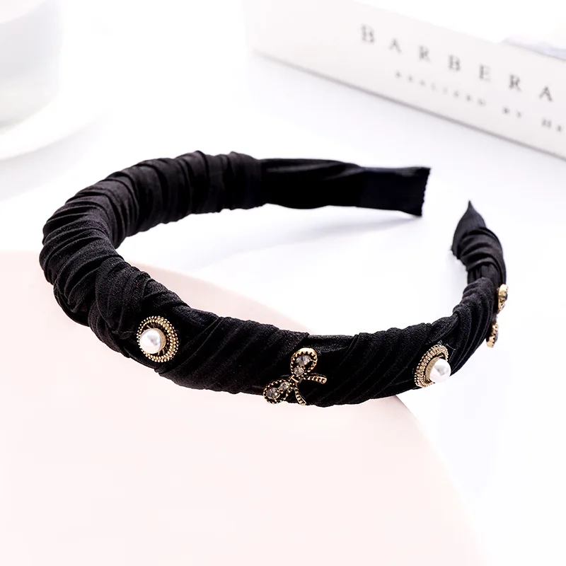 

Women Girls Retro Cross Knotted Hair Hoops Vintage Pearls Hairbands Hair Accessories Weaving Cloth Fashion Solid Color Headwear