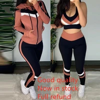 colorblock crop top high waist pants hooded coat set casual women 3 piece set outfits sleeve style clothing length collar