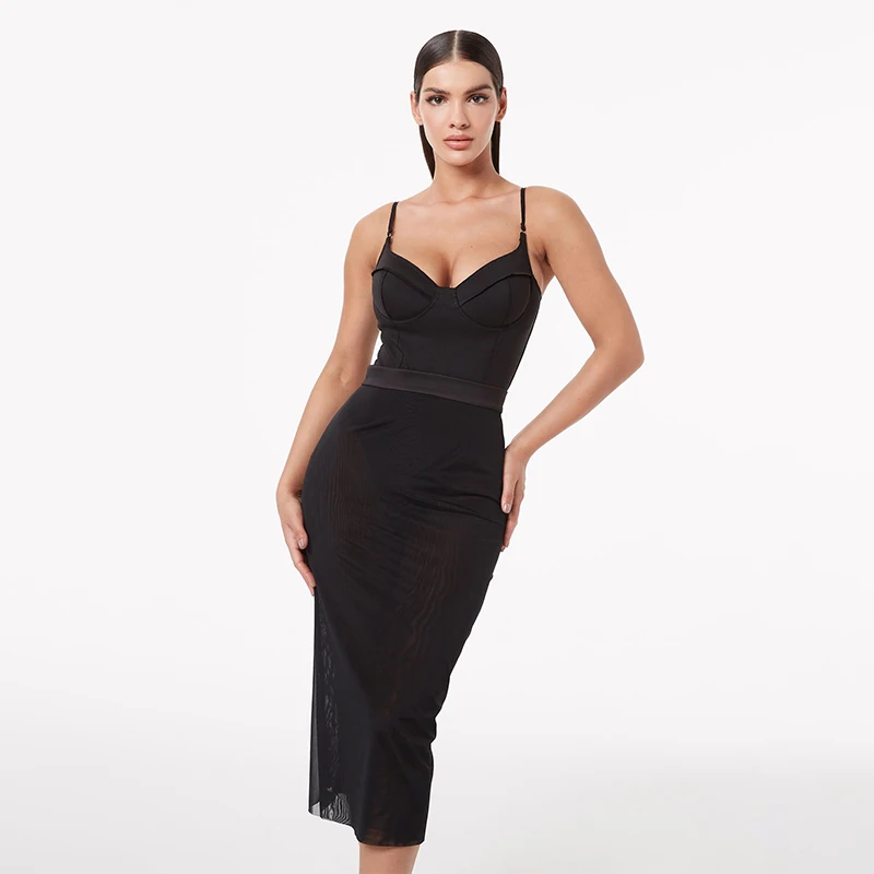 

High Quality Women Summer Ladies Sexy Sleeveless Backless Black Midi Bodycon Bandage Dress 2021 Elegant Evening Party Club Dress