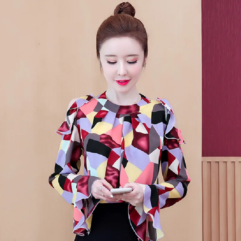 

2020 Autumn Fashion Women Ruffles Strapless Long Sleeve Tops Geometric Print Blouse Chiffon Shirts Casual Ladies O-Neck Clothing