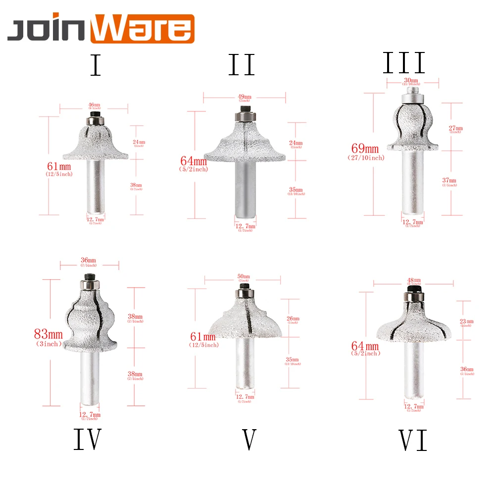 

1Pc Diamond Router Vacuum Brazing Brazed Router Bit Grinding Carving for Marble Granite Brazed Diamond Router Bits Cutter 1/2"